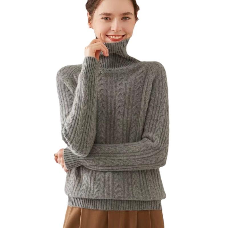 Women's High Neck Wool Cashmere Sweater - Thick, Trendy Raglan Sleeve Pullover for Autumn/Winter.