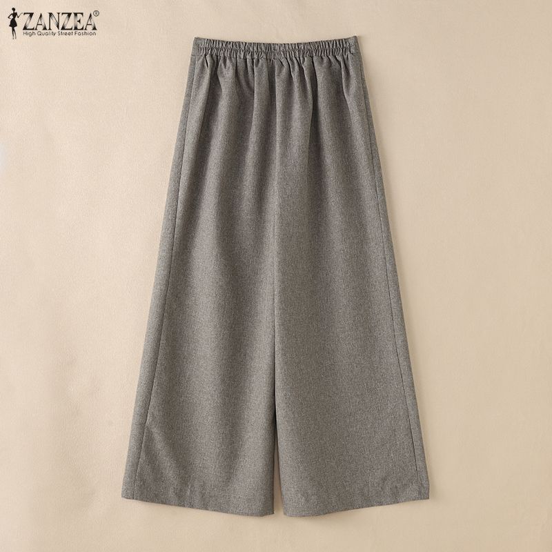 ZANZEA Damen Casual Elastische Taille Einfarbig Lose Lange Hosen