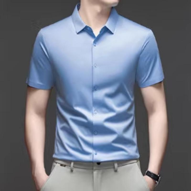 Men's White Ice Silk Seamless Short Sleeve Dress Shirt For Business And Casual Wear
