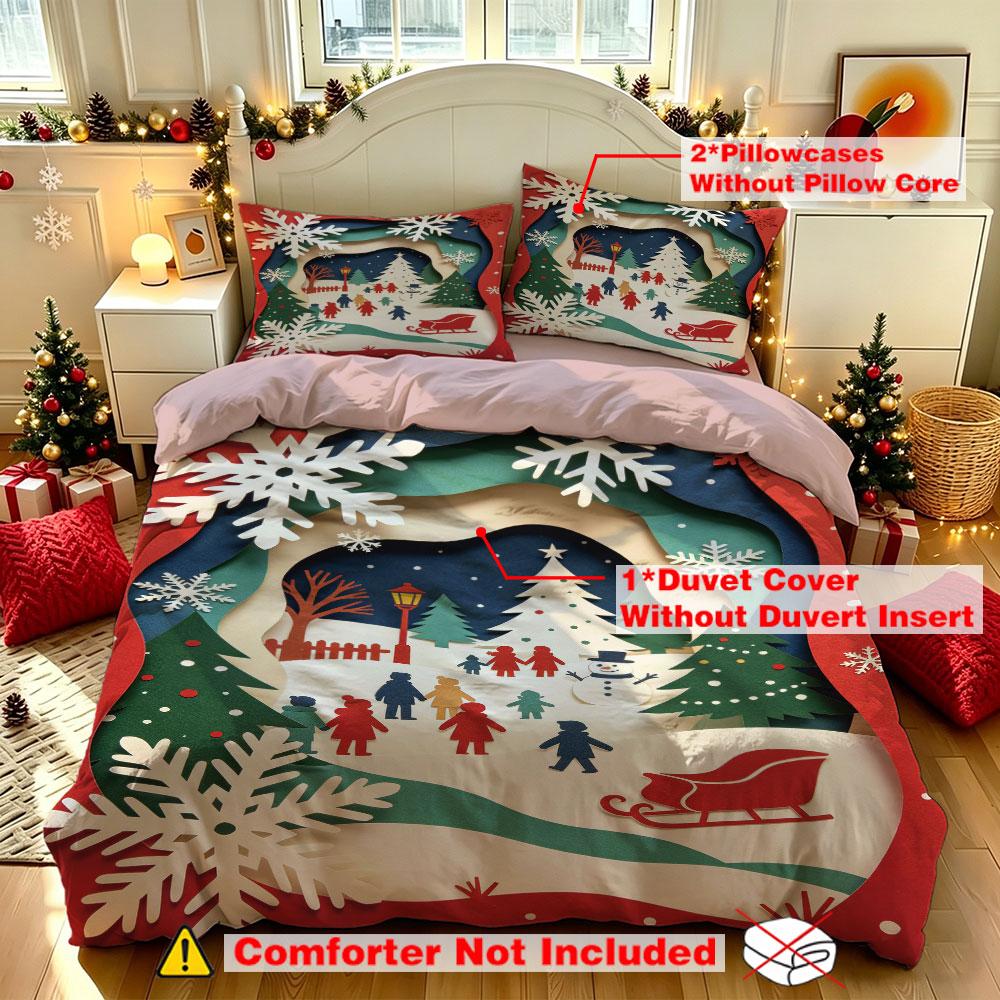 Christmas Duvet Cover Set 3Pcs 3D Paper Cut Winter Village Snow Print Soft Microfiber Bedding with Pillowcases
