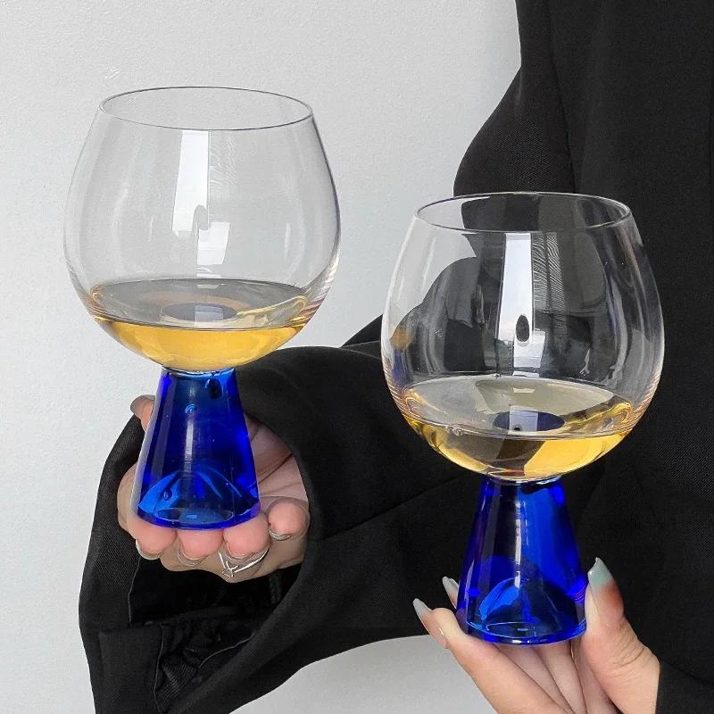 Blue Base High Foot Wine Glass Transparent Glass Cup Champagne Glass Beverage Juice Cup Dessert Bowl Water Cups Wine Cup