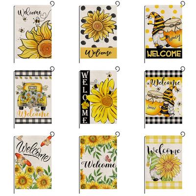 Bandera de jardín con estampado de lino, serie abeja y girasol, decoración para jardín al aire libre, bandera pequeña