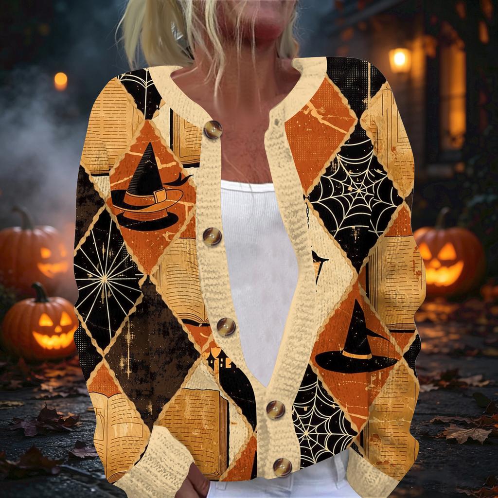 Women's Halloween Print Long Sleeve Knit Button Front Cardigan