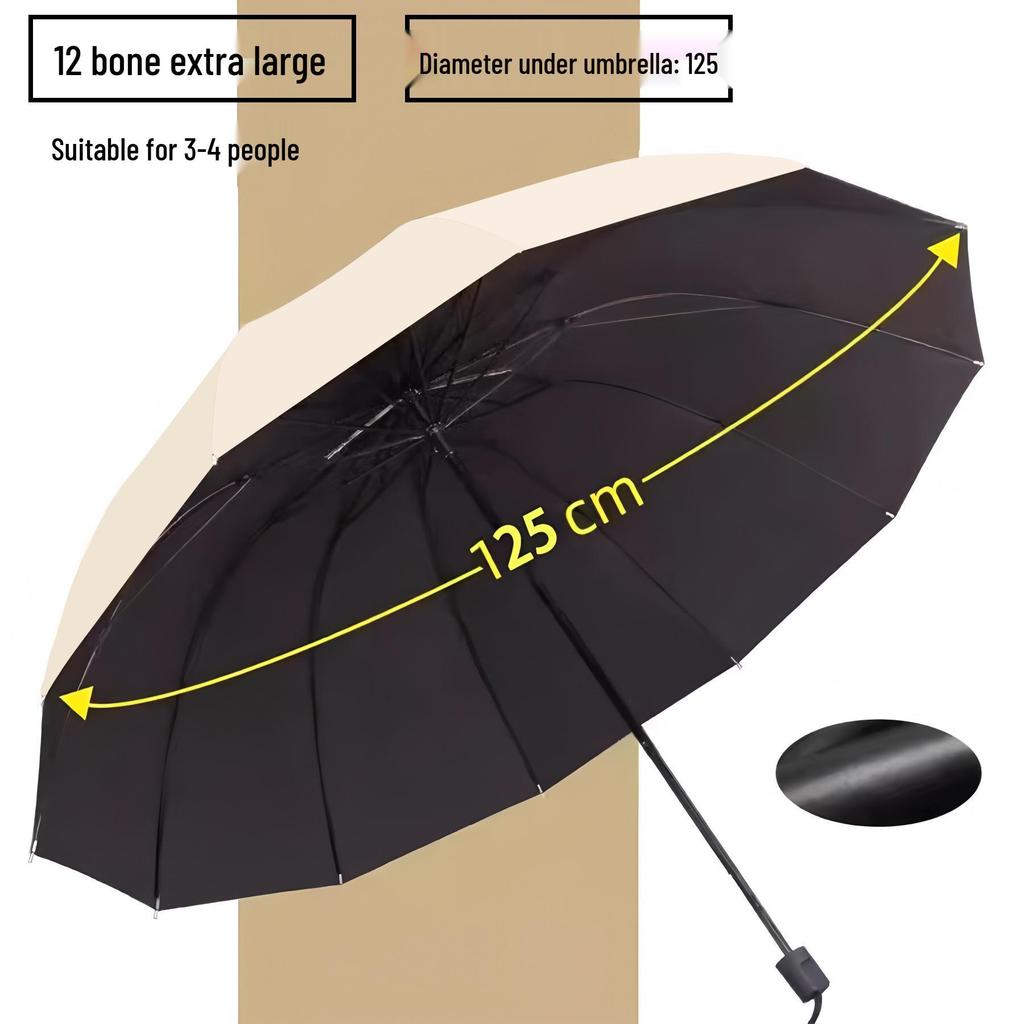 Extra Large 12-Rib Black Folding Umbrella - Heavy-Duty Three-Person Sun and Rain Protection with Custom Logo