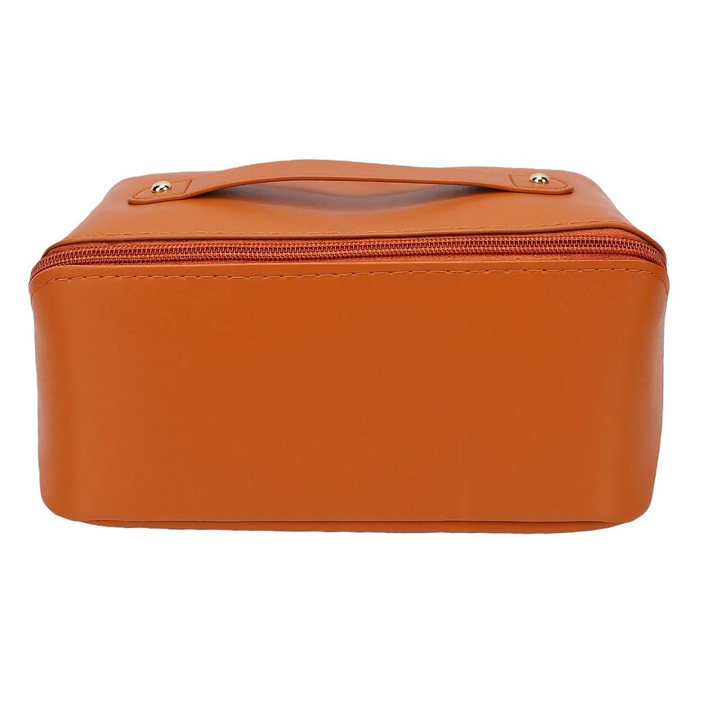 PU Leather Travel Makeup Bag Water Proof Large Capacity Wide Opening Cosmetic Bag Khaki