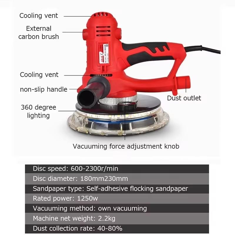 Tungfull Handheld Electric Drywall Sander Dust Absorb Wall Grinder LED Lighting Sanding Machine For Gypsum Board Putty Wall
