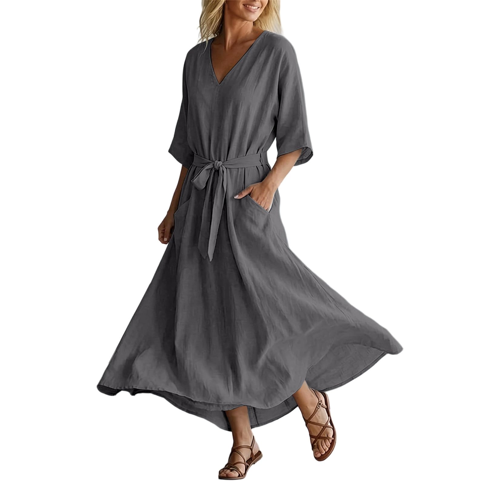

Women’s Summer Casual V Neck Short Sleeve Dress with Waist Tie Relaxed Fit Lightweight Midi Length for Everyday Wear L