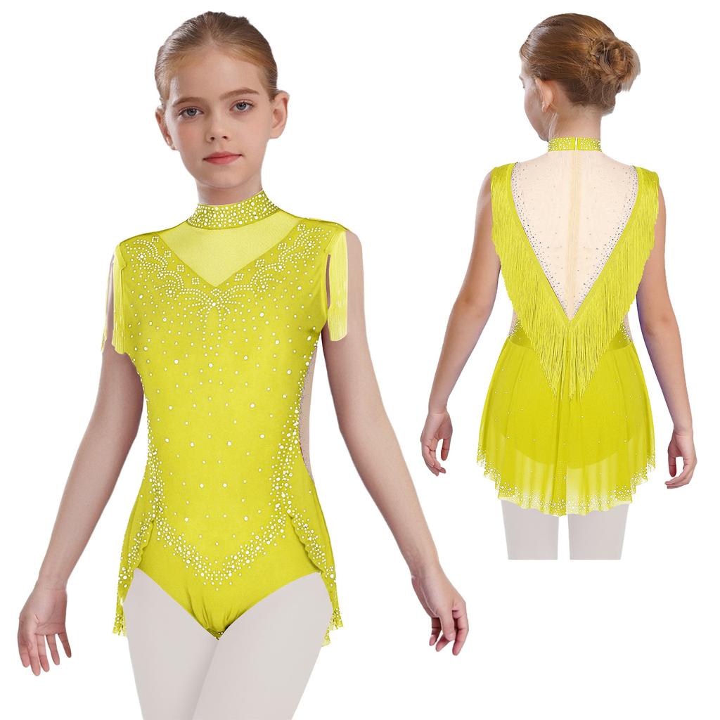 Girls Dance Costume - Shiny Rhinestone Leotard with Sheer Mesh, Invisible Back Zipper & Attached Tassel Skirt