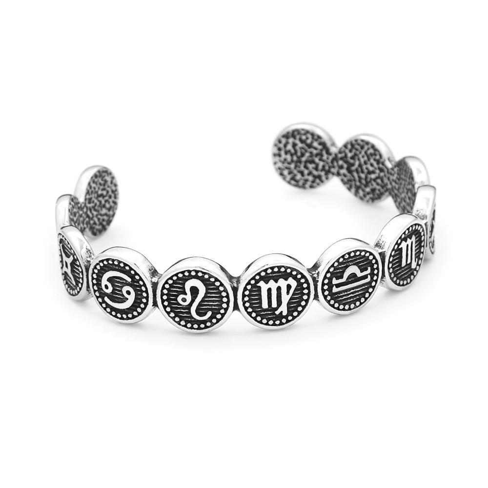 New 316L Stainless Steel Opening Cuff Bracelet For Men Women  Punk 12 Constellation Charm Bracelets Couple Jewelry Gifts