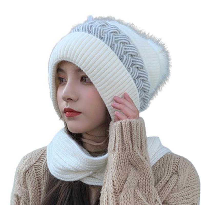 Korean Style Hat Scarf Set Women Winter Warm Cycling Ear for Protection Windproof Knitted Wool Pullover Cap Scarf for Wo