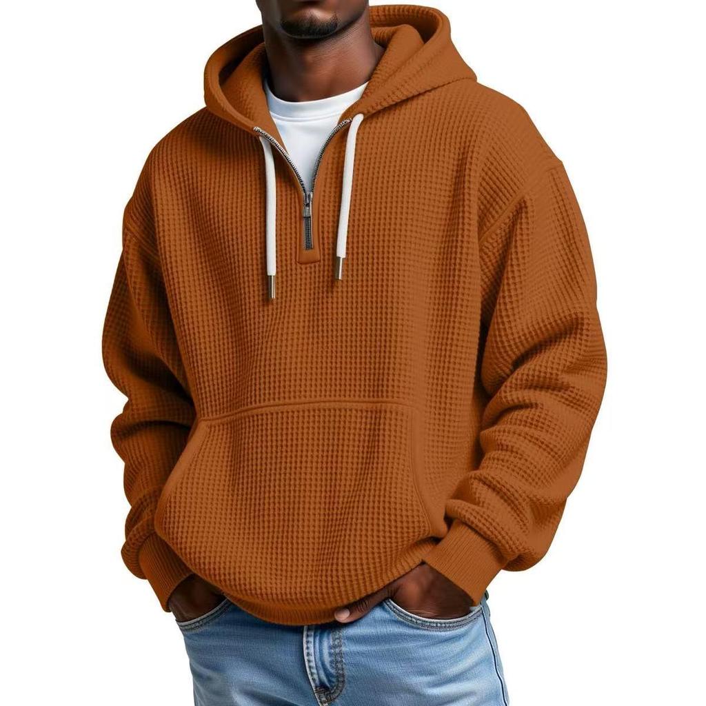 European Heavyweight Waffle Long Sleeve Hooded Sweatshirt - Men's Loose Fit, Pure Color, Casual Style