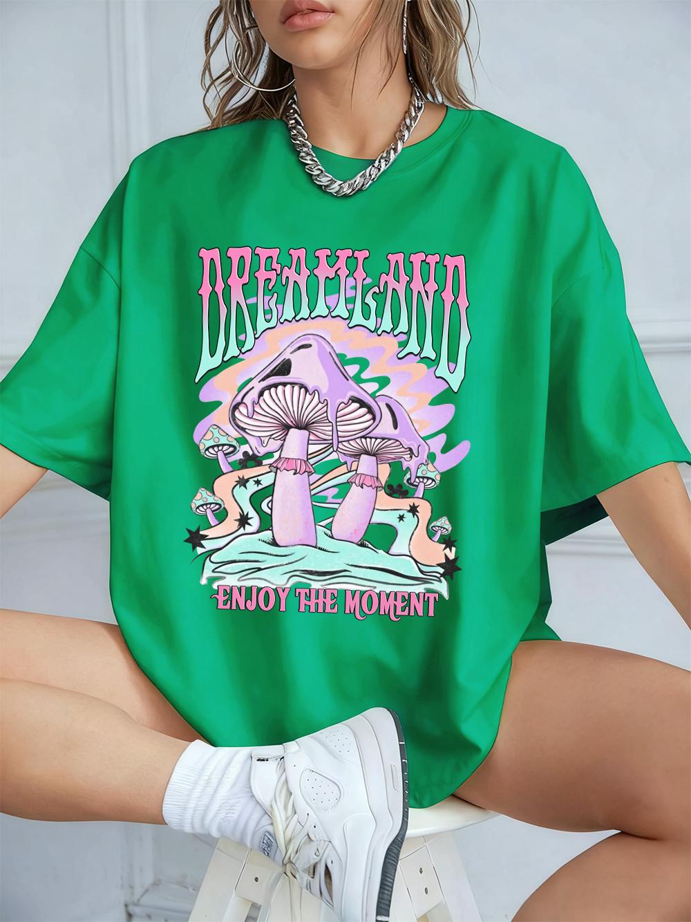 

Dreamland Mushrooms Printing TShirts Womens Cotton Summer Short Sleeve T Shirt Soft Loose ONeck Tops Casual Womans Clothes 4XL