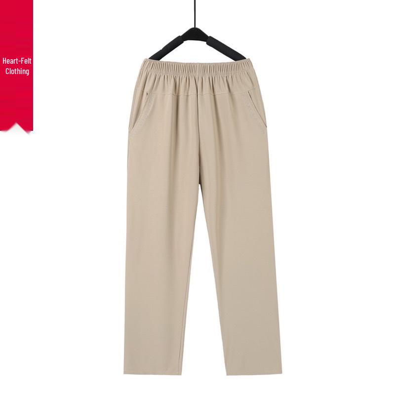 Dámské letní lehké kalhoty z ledového hedvábí - devítidélkové, volné s rovnými nohavicemi pro ženy středního a staršího věku