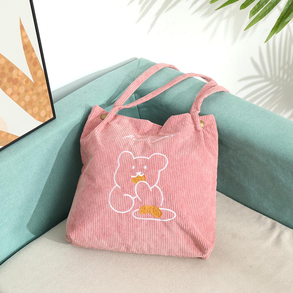 Women Corduroy Shoulder Bag Bears Embroidery Striped Canvas Handbag Eco Cloth Tote Cute Soft Shopping Bags For Ladies Animal Bag