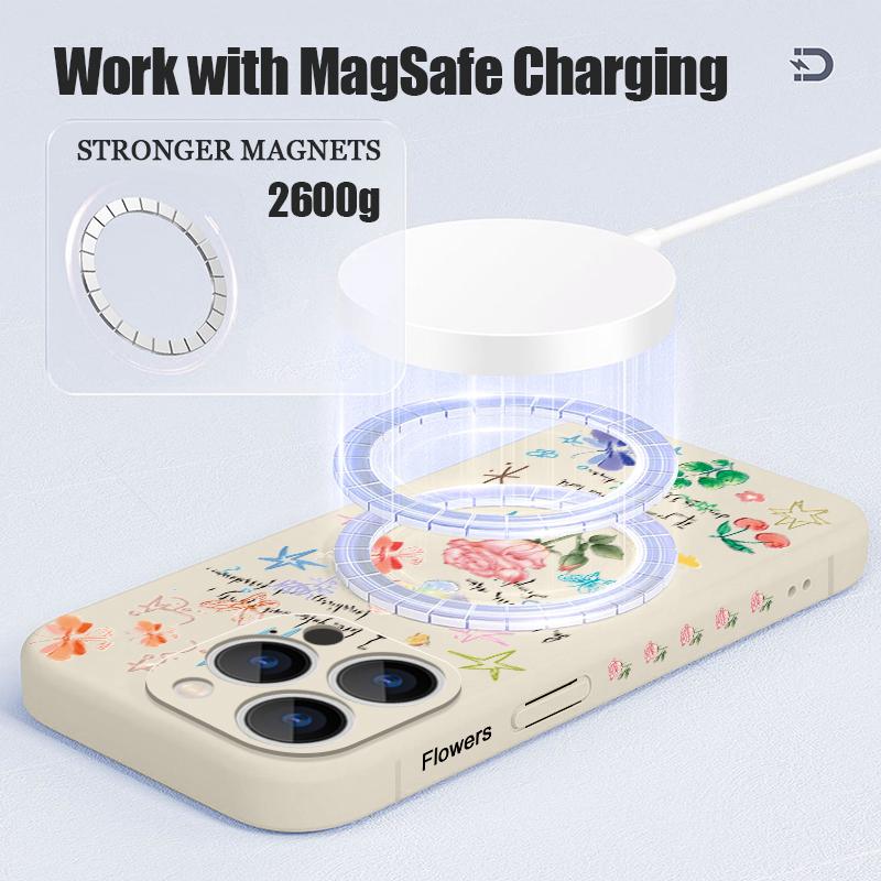 Romantic Flower Pattern Shockproof Case For iPhone 15 14 13 12 Pro Max 11 Magnetic For Magsafe Wireless Charge Soft Phone Cover