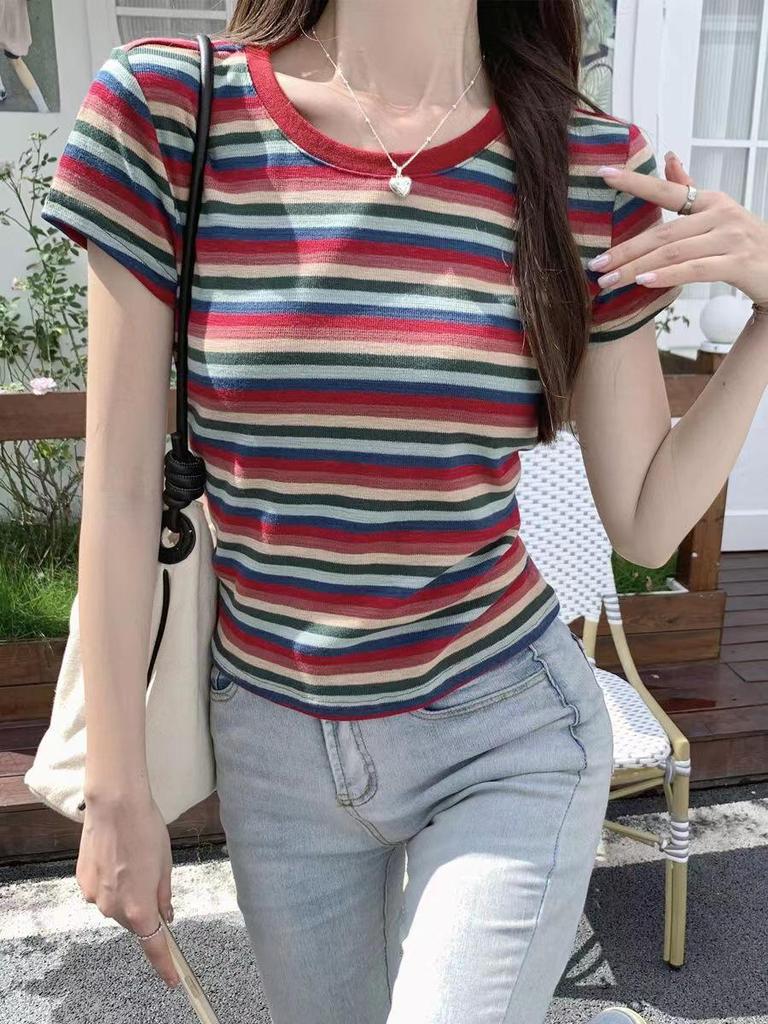 Women's 2024 Summer Color-Blocked Striped Short-Sleeve Round Neck T-Shirt