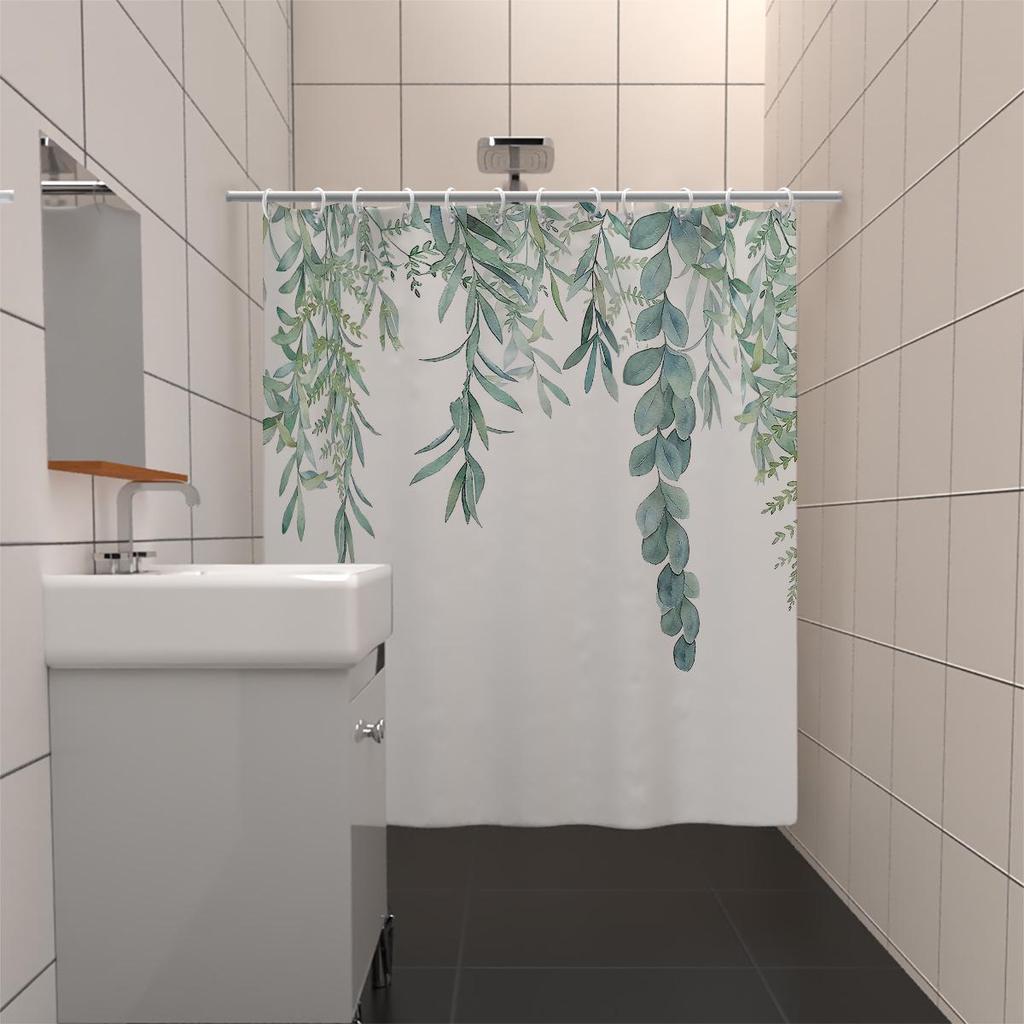Green Leaf Vine Waterproof Mildew-resistant Shower Curtain, Punch-free Blackout Curtain - Polyester.