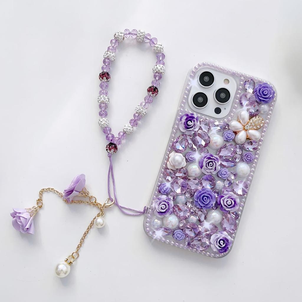 Luxury 3D Floral Phone Case For iPhone Duo 18 Pro Max Handmade Pearl Crystal Rhinestone Cover