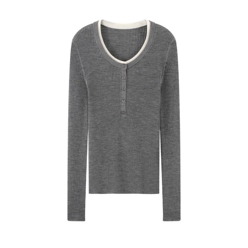 Elegant 60s Count Wool Round Neck Slimming Sweater - Women's Spring/Autumn Style, Faux Two-Piece Design