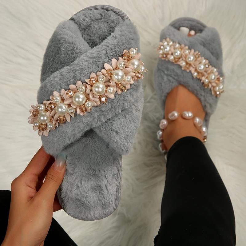Fashion Women's Flat Home Cotton Slippers Autumn Witer Keep Warm Fur Flowers Beaded Slipper for Women Casual Light Non-slip Slides Shoes