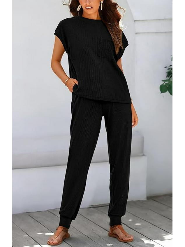 2026 Sommer Damen Zweiteiliges Gestreiftes Jogging-Set: Kurzarm-Oberteil & Lange Hose