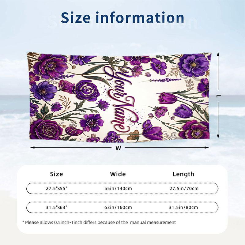 Purple Floral Art Theme Quick Dry Beach Towel Custom Name Text Print Large Sand Resistant Towel Beach Vacation