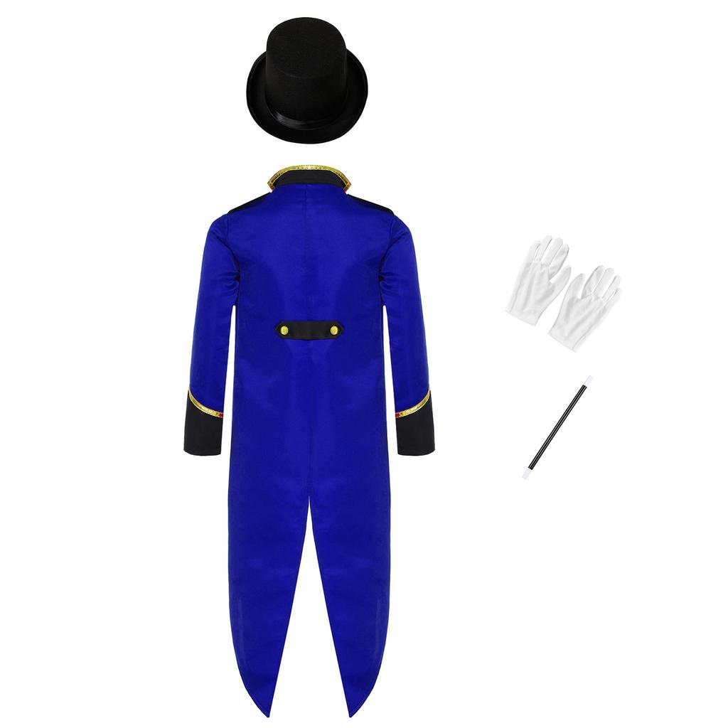 Dětský viktoriánský steampunkový kostýmový set Čtyřdílný smokingový frak s cylindrem, rukavicemi a kouzelnickou hůlkou Maškarní