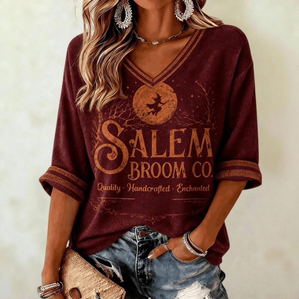 Women's Halloween Printed Neck T-Shirt Casual Fashion Short Sleeve Top
