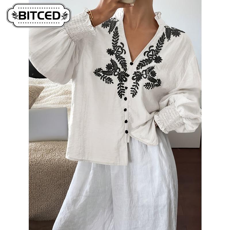 BITCED Damen Mode Lässig Langarm V-Ausschnitt Blusen & Hemden