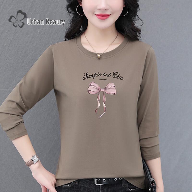 Women's Casual Bow-Print Long-Sleeve Crew Neck Cotton Blend T-Shirt