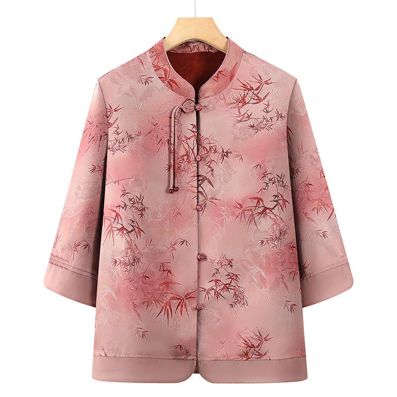 

2026 Summer Plus Size Three-Quarter Sleeve Chiffon Shirt - Loose Chinese Style Top for Middle-Aged and Elderly Women 4XL (125-140 jin) красный