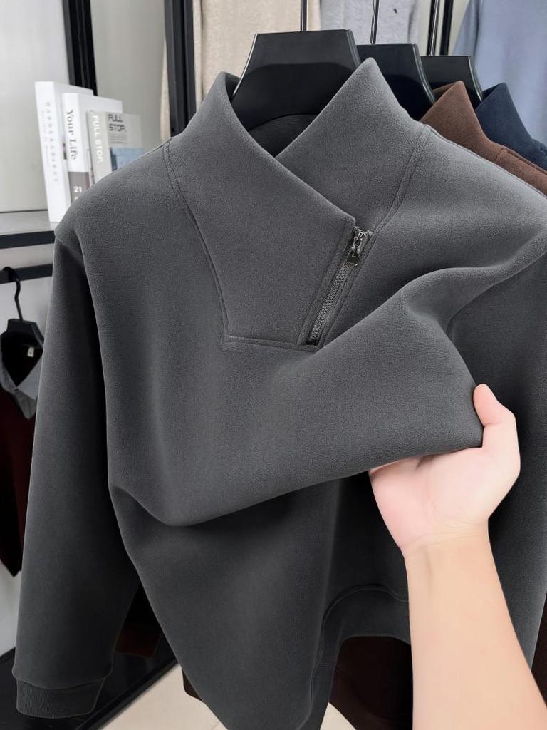 Men's Double-Sided Sherpa Fleece Hoodie, Half-Zip Stand Collar, Thickened and Warm Pullover Base Layer