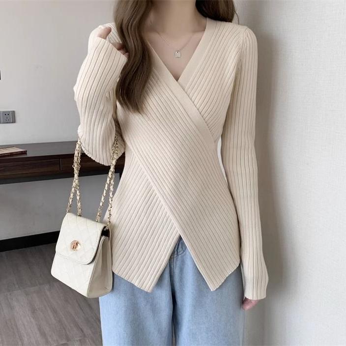 Women's Knitted Sweater Undershirt Autumn and Winter Slim V-neck Cross Irregular Sweater Knitted Bottoming Shirt
