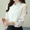 Fashion Long Sleeve Chiffon White Shirts Women Solid Embroidery Flowers Elegant Women's Blouses Vintage Lace-up Bow Collar Office Lady Tops 6056