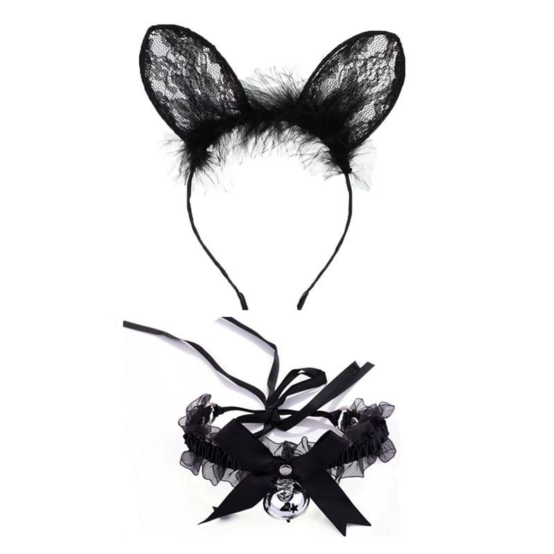 Cat Ear Bell Headband & Choker Set with Tail - Halloween Party Accessories