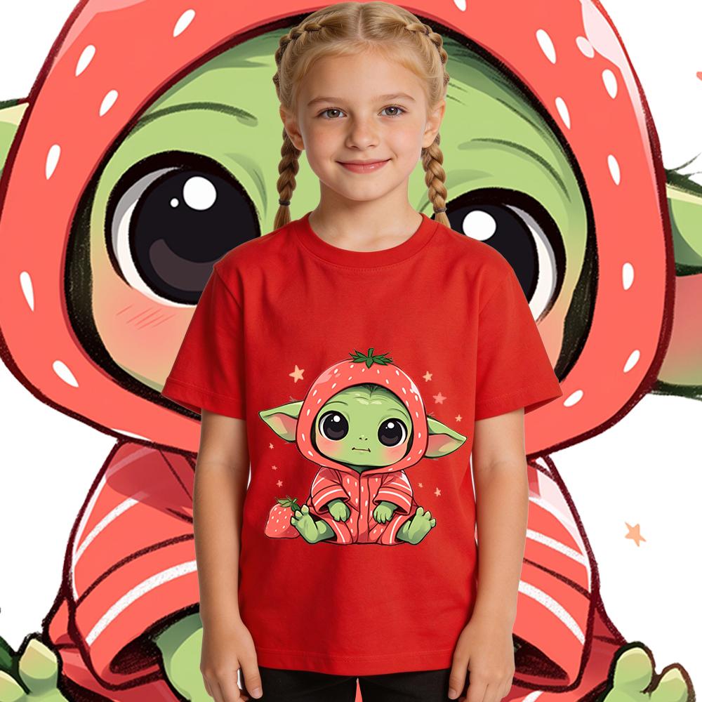 Star Wars Baby Yoda Strawberry Print Girls Cotton T Shirt Casual Summer Top Kids Toddler Clothing Cute