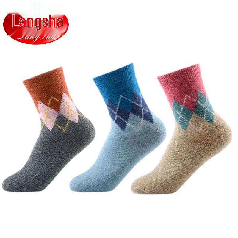 

Langsha Women s Thickened Mid-Calf Rabbit Wool Plaid Socks for Autumn and Winter. One size