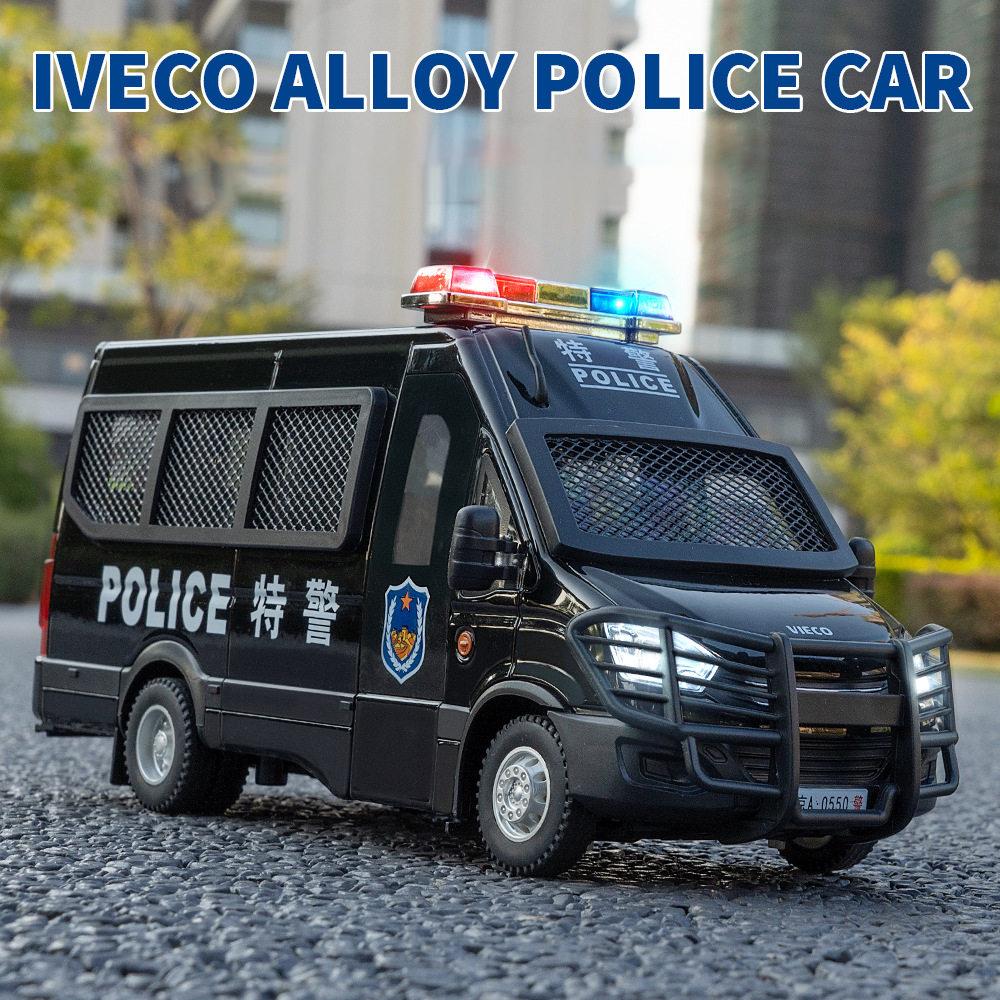 Discover Intime Black 1:24 Scale Iveco Police Alloy Car Diecast Metal Model Sound & Light Pull Back Toy Interior Ornaments Children Toy Gifts Doiplay