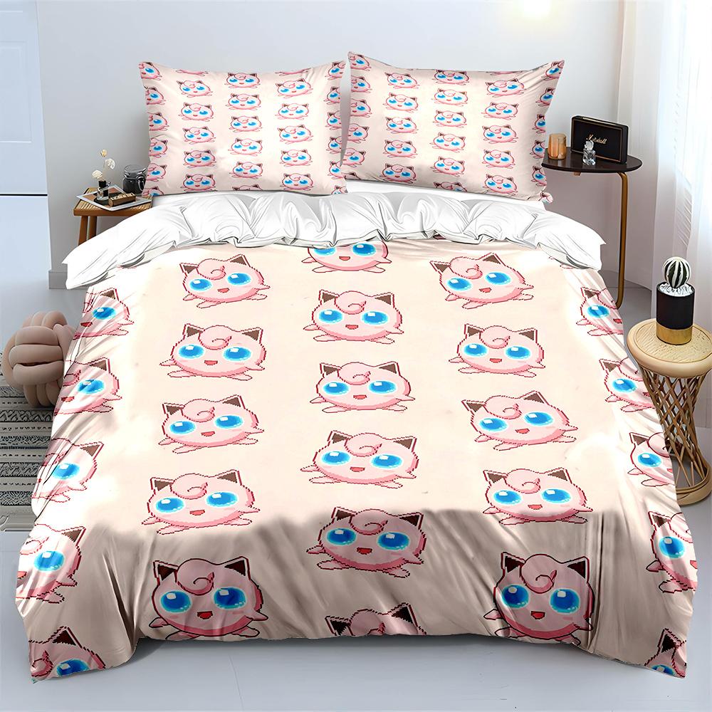 Pokemon Pummeluff 3-teiliges Bettwäsche-Set Kissenbezug Bettdecke für Erwachsene Schlafzimmer-Bettwäsche-Set Bettbezug Bettdecke Heimdekoration Steppdecke