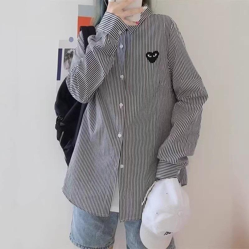 Japanese Heart Embroidered Striped Slim Fit Lapel Shirt - Versatile Long Sleeve for Spring & Autumn