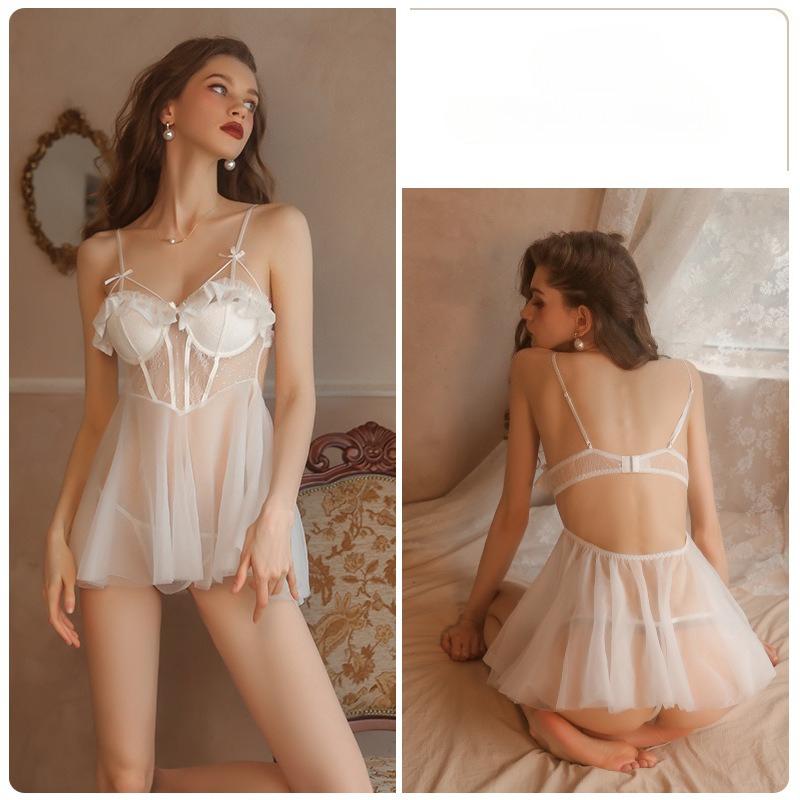 Damen Sexy Netz-Nachthemd mit Polsterung Bügel Trägerhemd Spitze Durchsichtiges Kleid und Tanga Set