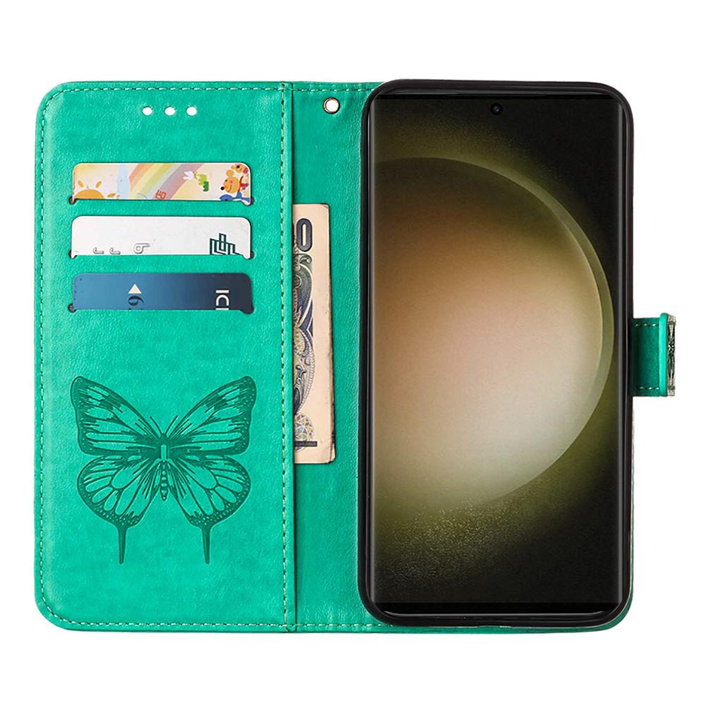 

For Samsung Galaxy S24 Ultra Wallet Case with Wrist Strap Butterfly Imprint Leather Phone Cover Green