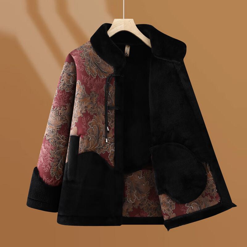 Elderly Women's Velvet-Lined Winter Tang Suit Cotton Coat
