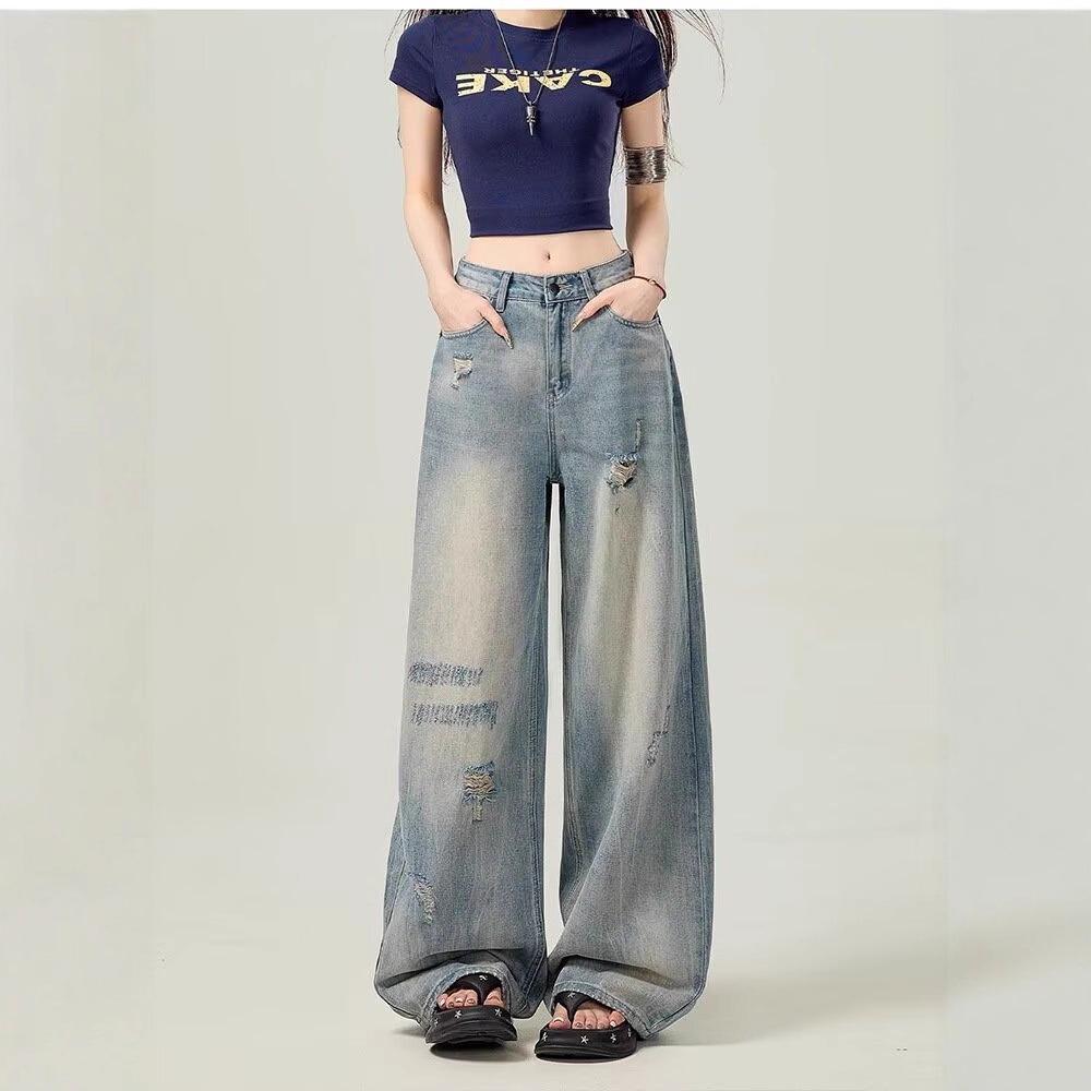Light Blue High-Waist Distressed Wide-Leg Jeans for Women