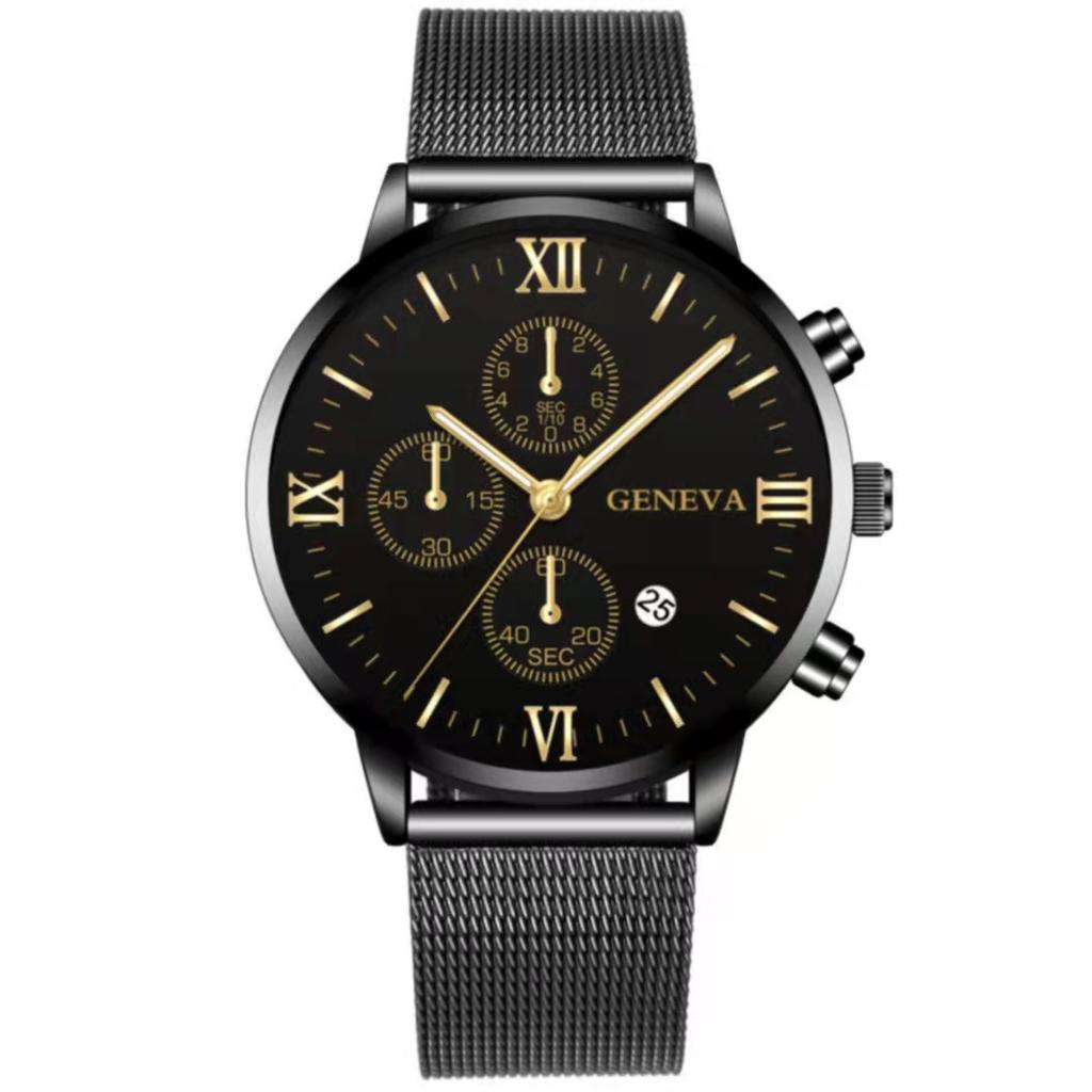 Mesh Belt Men With Calendar, Fake Three-Eye Business Leisure Boys Gift Quartz Watch