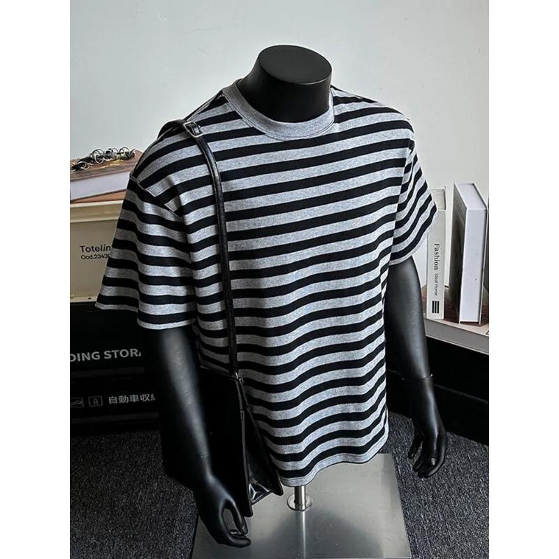 Men's Black Grey Striped T-shirt Crew Neck Short Sleeve Casual Loose Fit Tee For Daily Streetwear