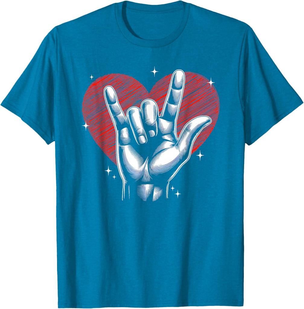 I Love You Hand Sign Rock Gesture Heart Graphic Print Short Sleeve T-Shirt Casual Daily Cotton Tee