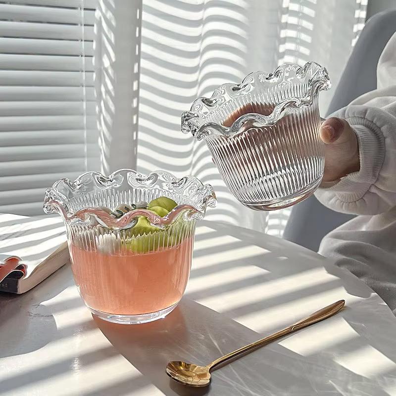 Vertical Lace Transparent Glass Bowl - Decorative Dessert Salad Breakfast Bowl for Syrup Oatmeal - Elegant Dim Sum Serving Dish