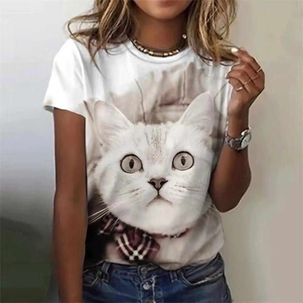 3D Printed Pattern T-shirt, Summer and Spring Short Sleeved Round Neck Casual Top, Women's Clothing