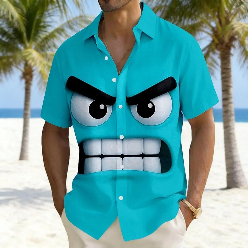 Cartoon Angry Expression Print Short Sleeve Shirt, Loose Comfortable Breathable Lapel Cardigan, Trendy Top for Vacation and Casual Wear